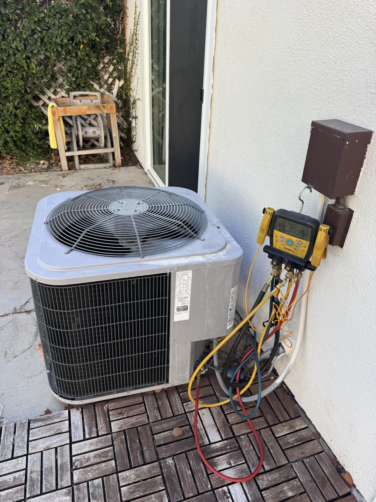 Outdoor AC unit with gauges connected and furnace visible in open utility closet during Chino Hills service call