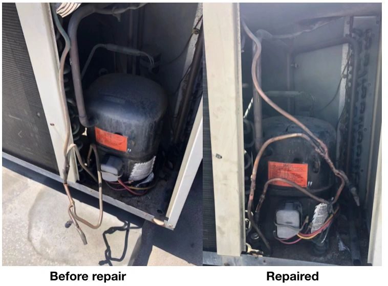 Technician repairing roof unit refrigerant leaks
